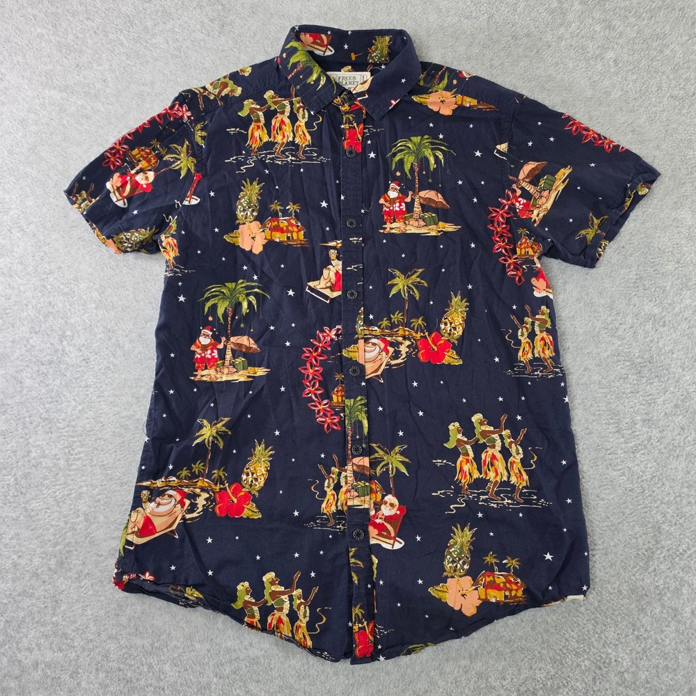 Free Planet Mens Christmas Hawaiian Shirt Navy Blue Santa Hula Medium FN9P18NAV